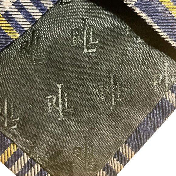 Lauren Ralph Lauren Navy & Yellow Plaid Silk Tie For Men - Picture 5 of 6